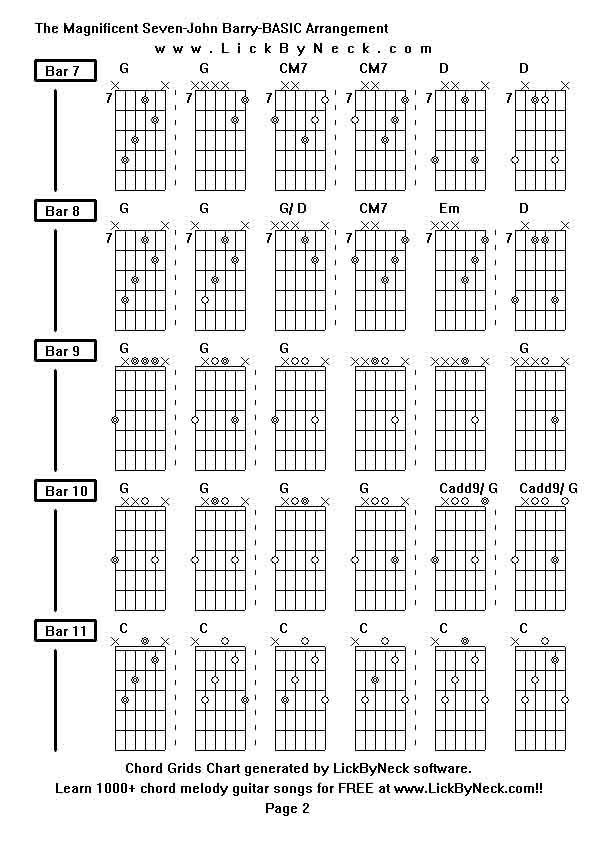 Chord Grids Chart of chord melody fingerstyle guitar song-The Magnificent Seven-John Barry-BASIC Arrangement,generated by LickByNeck software.